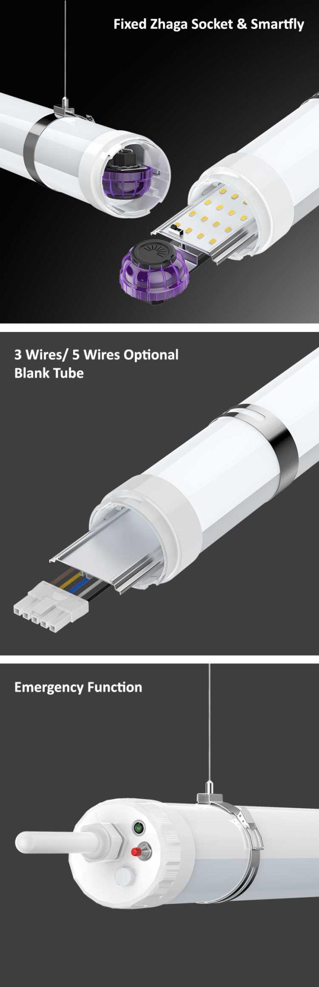 Close-up detail of industrial tubular LED light construction
