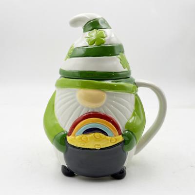 China Custom Creative 3d Christmas Ceramic Mugs Spring Gnome Green Color Decorations With Lid for sale
