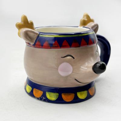China Cute Animal Water Cup Reindeer Face Custom Christmas Ceramic Coffee Milk Mug for sale