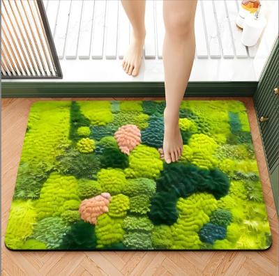 China Moss Green Plant Non-Slip Absorbent Bath Mat Flocking Bathroom Waterproof Carpet for sale