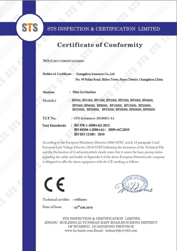 Flake ice machine Certification Certificate - Guangzhou Icesource Refrigeration Equipment Co., LTD