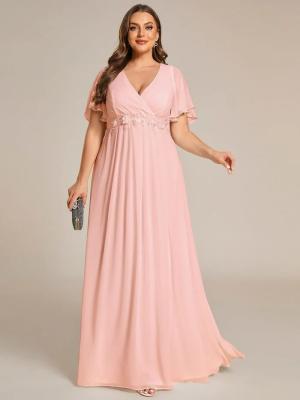 Sexy Empire Applique A-line Short Flutter Sleeves V-neck Invisible Zipper Pink Chiffon Homecoming Dress