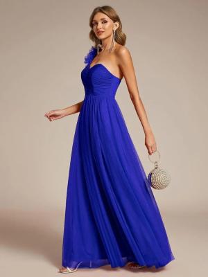 Exquisite One-shoulder Sweetheart Ruffled A-line Zipper Pleated High Slit Sapphire Blue Tulle Graduation Dress