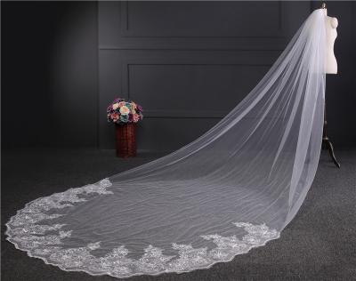 Beautiful Customized 4m*1.6m Wholesale Long Cathedral Appliqued Lace Tulle Bridal Wedding White Veil With Hair Comb