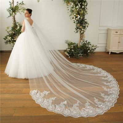Elegant Customized 3m*3m Wholesale Long Cathedral Appliqued Lace Sequins Tulle Bridal Wedding Ivory Veil With Hair Comb