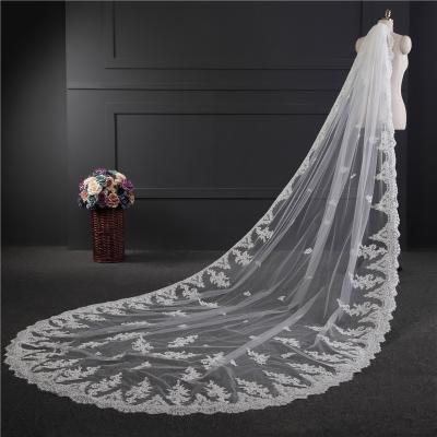 New Styles Customized Appliqued Lace 3.5m*1.8m Cathedral Tulle Bridal Wedding White Veil With Hair Comb