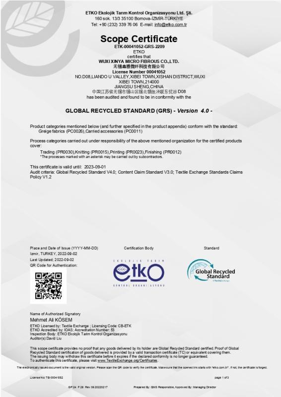 GRS - Wuxi Xinya Micro Fibrous Co. Ltd.