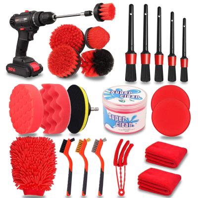 China 24 Pcs Car Detail Brush Set Drill Soft Brushes Kit de lavagem com gel de limpeza para o interior à venda