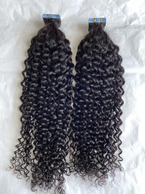 China 100% virgin malaysian remy human double sided white deep curly blue pu tape hair extensions for sale