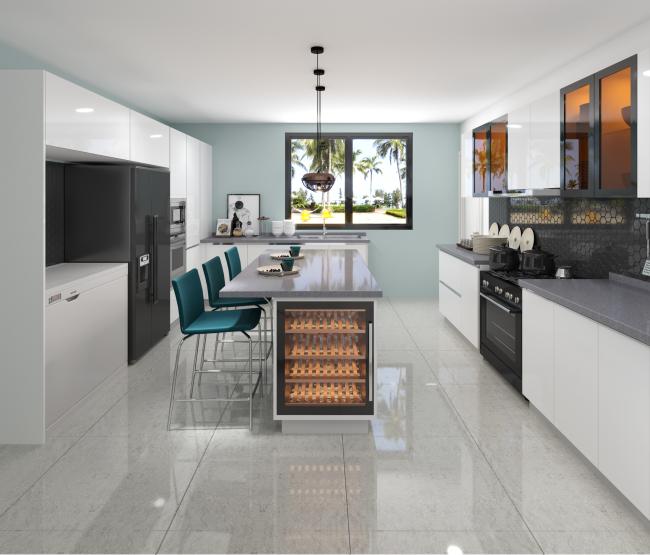Modern kitchen cabinet with white finish and quartz countertop