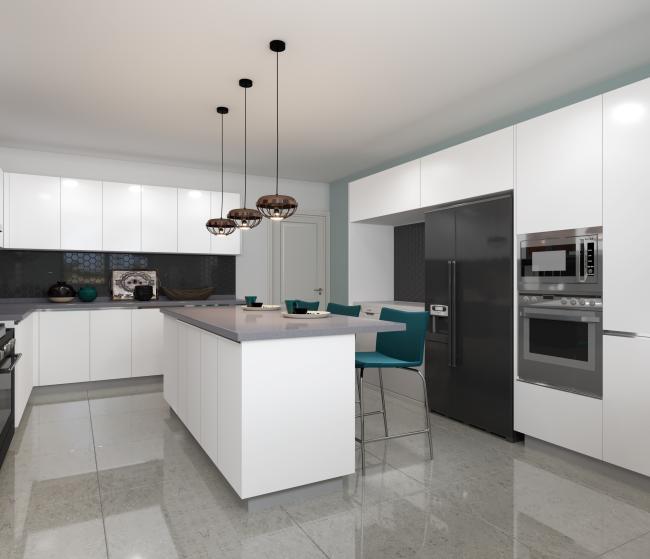 Complete kitchen installation with cabinets and appliances