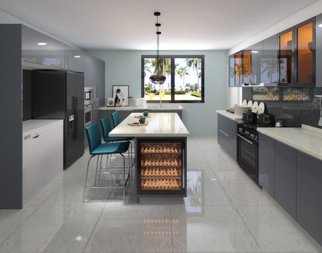 Modern white kitchen cabinet with high gloss finish
