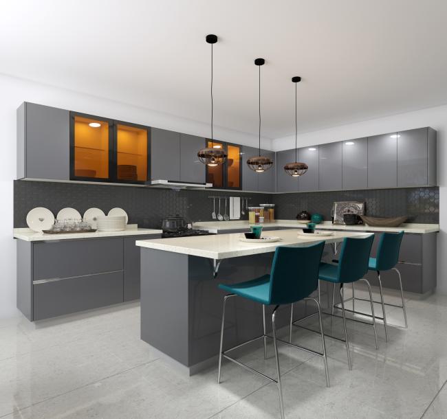 Customizable kitchen cabinet interior with adjustable shelves