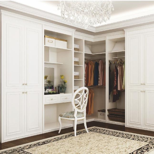 Close-up view of walk-in closet's adjustable shelving system