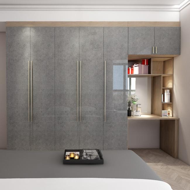 Custom fitted wardrobe in matte white finish showing elegant swing doors
