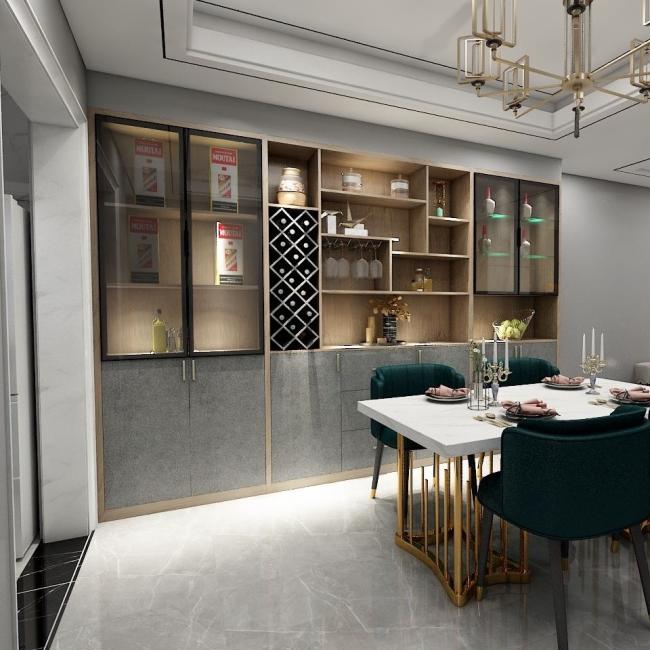 Custom closet with elegant swing doors in bedroom setting