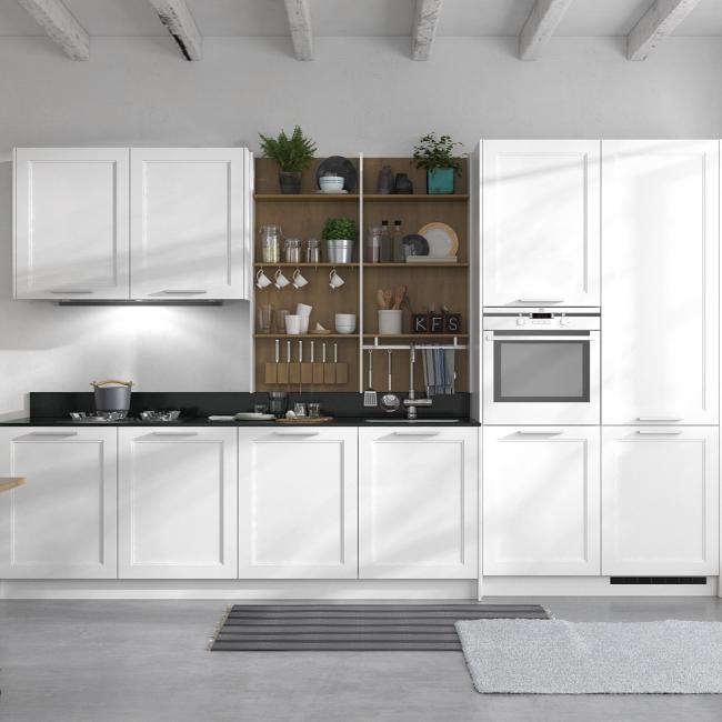Modern white kitchen cabinet with drawer basket and elegant handles