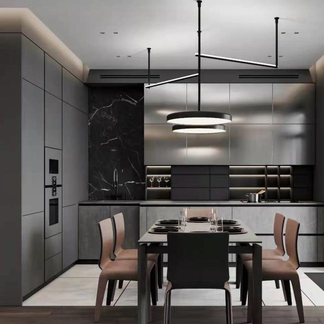 Contemporary kitchen cabinet with wood veneer finish showing natural grain pattern