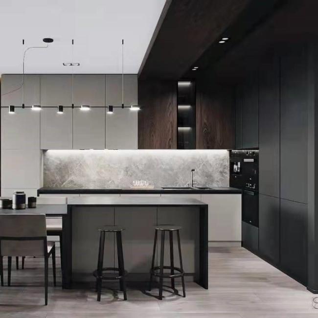 Modern kitchen cabinet with high gloss acrylic finish reflecting light