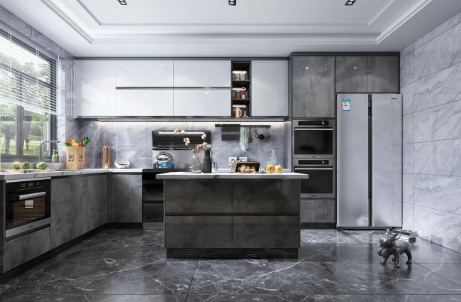 Luxury kitchen cabinet with wood grain finish and marble countertop