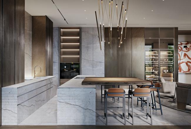 Contemporary kitchen cabinet system with multiple storage solutions