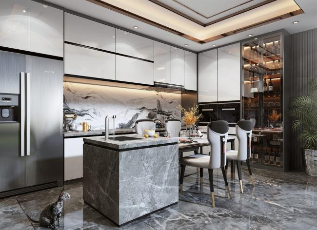 L-shaped modular kitchen cabinet with quartz countertop showing modern design and ample storage space