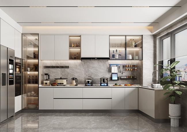 Close-up view of kitchen cabinet doors showing hardware and finish quality