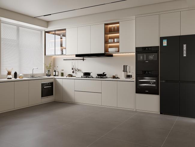 Interior storage view of modular kitchen cabinet with shelves and drawers