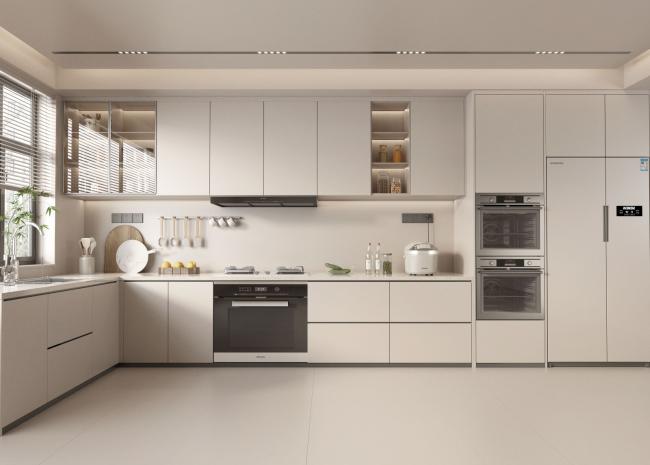 Modern kitchen cabinet installation in hotel setting with island