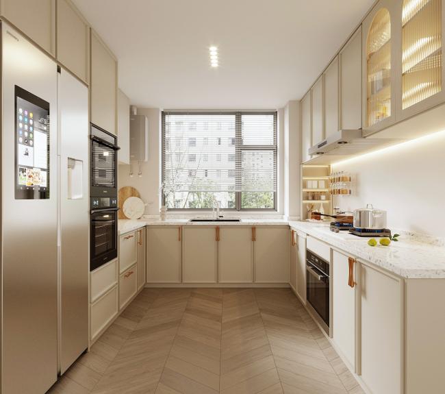 Matt white kitchen cabinet installation in contemporary setting
