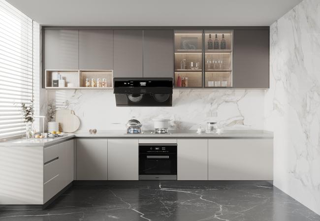 Interior view of modular kitchen cabinet storage system