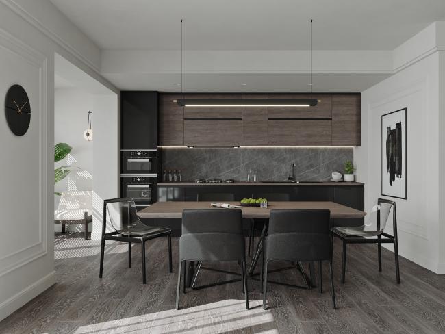 Modern white lacquer kitchen cabinet with integrated bookshelf design