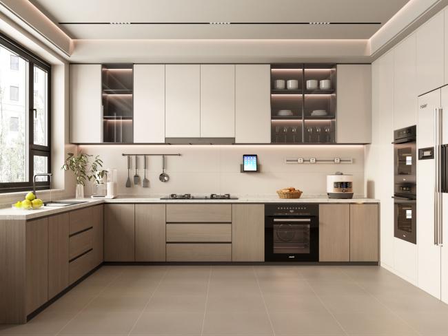 Island style kitchen cabinet with premium quartz countertop in modern setting