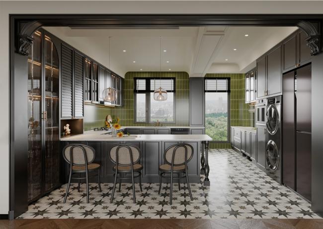 Modern kitchen cabinet with soft-closing drawers
