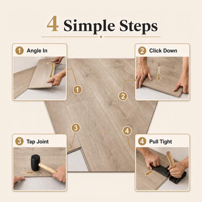 SPC vinyl plank flooring with authentic wood grain aesthetic — angled view
