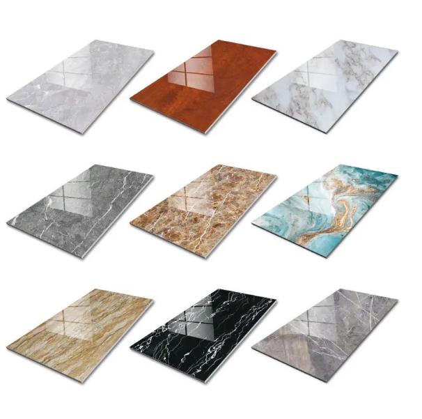 UV marble sheet PVC wall panel showing wood grain and marble design options