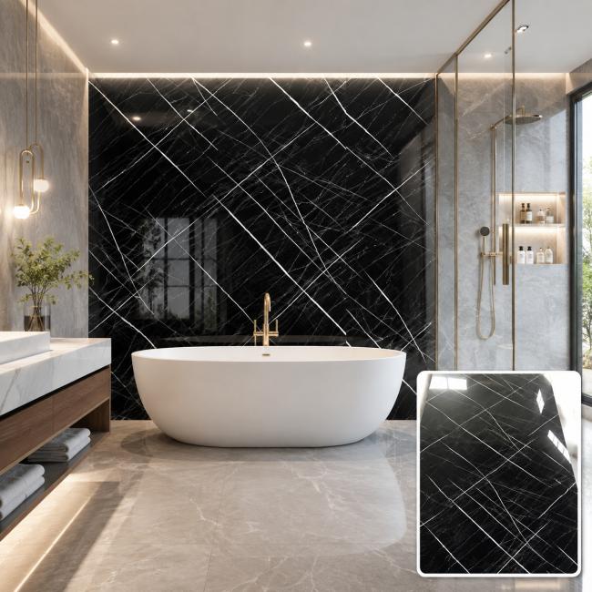 High-gloss UV marble wall panel with white marble veining for interior wall cladding