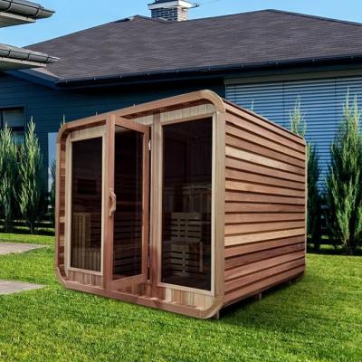 China Outdoor Rustic Cedar Steam Sauna Rounded Square With Bitumen Shingle Roofing for sale