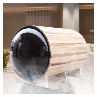 China Panoramic View Solid Wood Outdoor Steam Barrel Sauna Heats Up Fast en venta