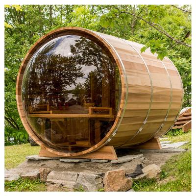 China Panoramic Window Wood Cedar Barrel Sauna 6 Person With Wood Burning Heater for sale