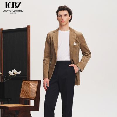 China Men's Khaki Corduroy Casual Slim Suit Autumn Single Suit Blazer Jacket with Zipper Fly for sale