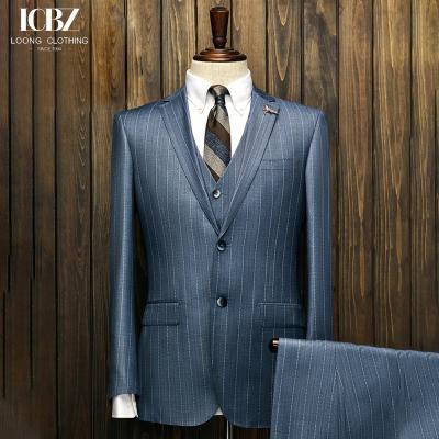 China Customized Logo Printing Blue Striped Woven Men's Suit for Trendy Grooms at Weddings for sale