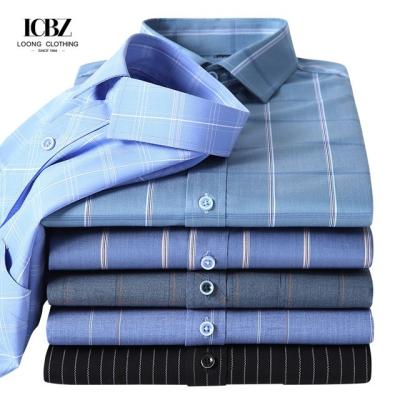 China Men's Plaid Stripe Bamboo Business Casual Anti-Wrinkle Shirt Covered Button Closure for sale