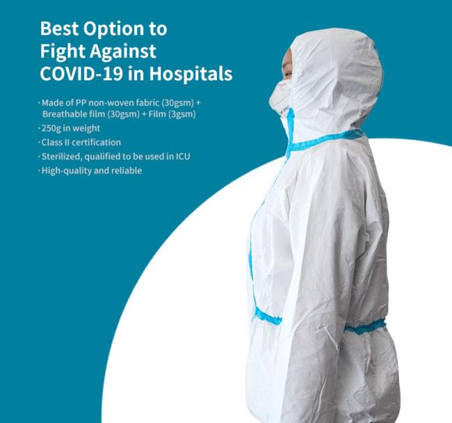 Disposable Sterile Protective Clothing(Class II) PP Non-woven Dust Water Resistance ICU Medical Suit - White