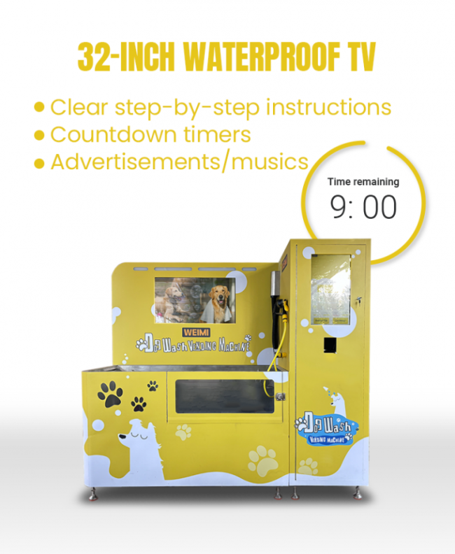 There is a 32 inch big screen on the dog wash machine to play ads