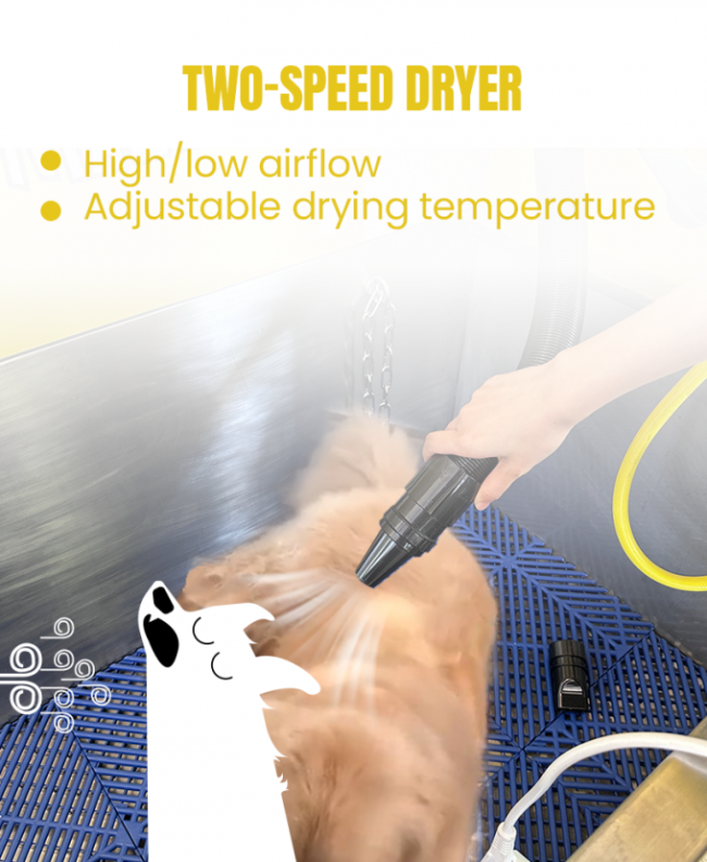 The hair dryer of this dog wash machine has 2 different speed
