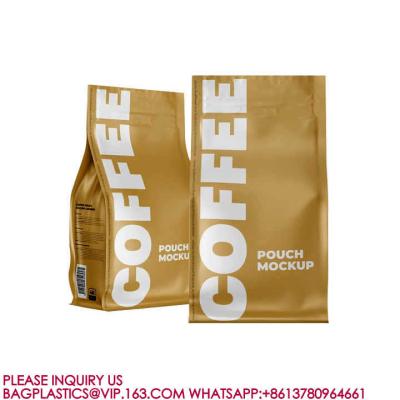 China Compostable Flat Bottom Kraft Paper Coffee Pouch Packaging Bags With Valve And Zipper for sale