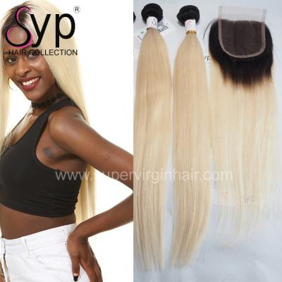 China Colored Blonde Ombre Hair Extensions Dark Root To Blond Colour With Closure for sale