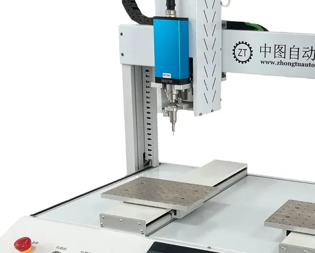 Side view of automatic screw fastening machine with dimensional details