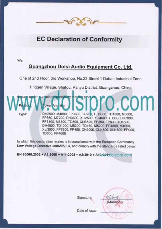 EC Declaration of Conformity - Dolsi Audio Equipment Co., Ltd